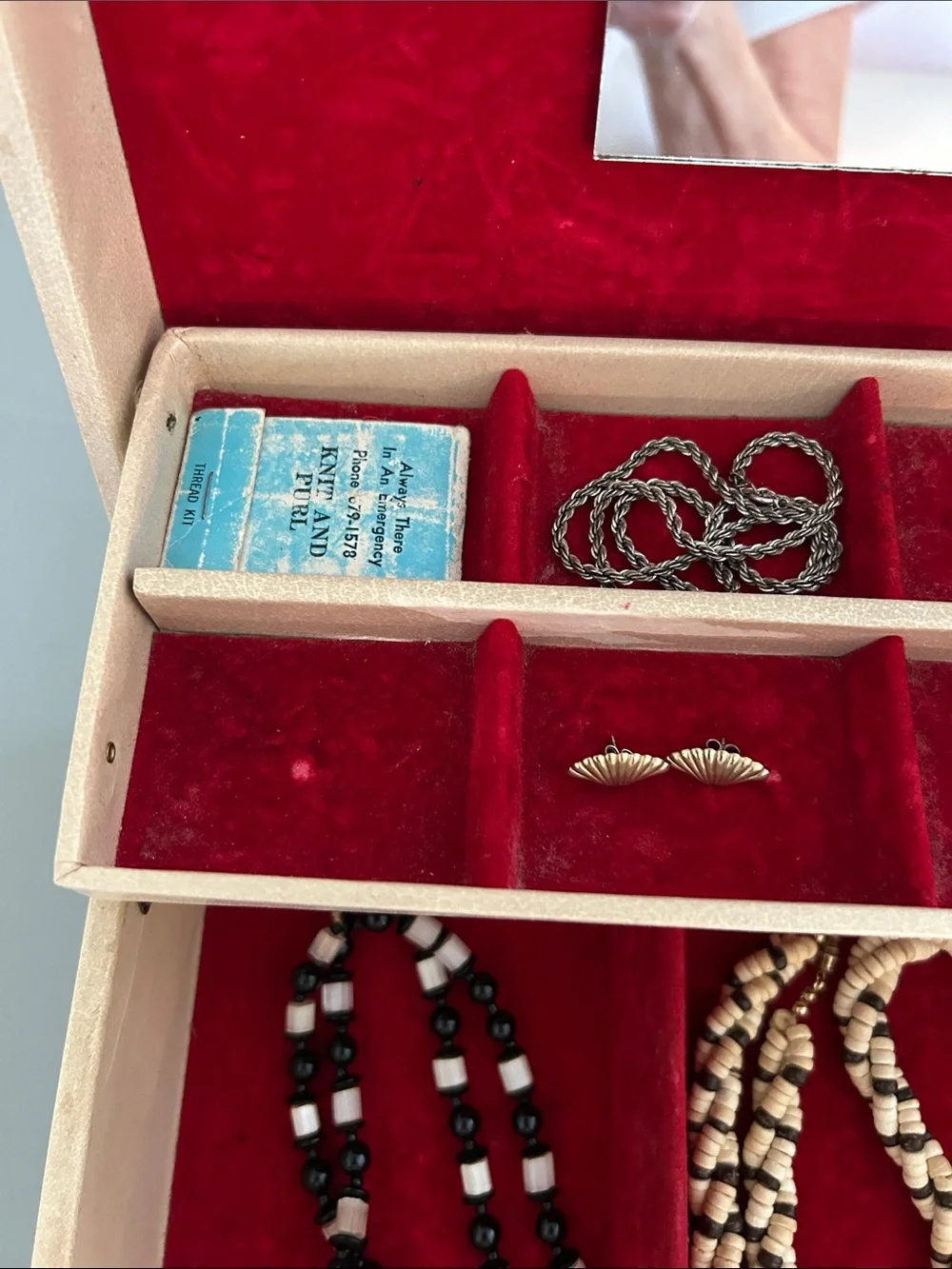 Vintage Cream Jewelry Box with Red Felt interior Vintage jewelry included